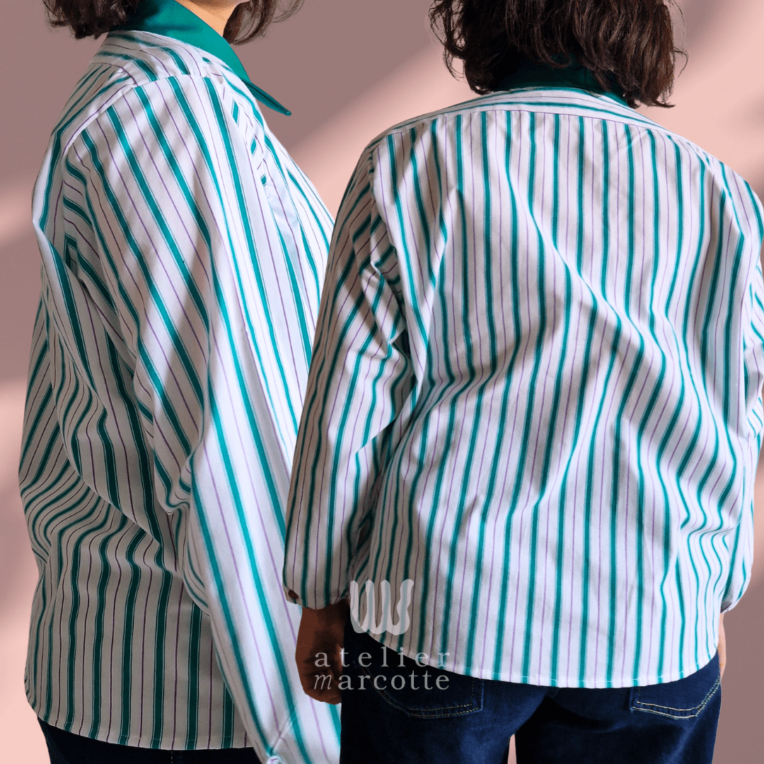 Chemise upcyclée Carmen - rayures vert violet et col jean vert vintage – Image 3