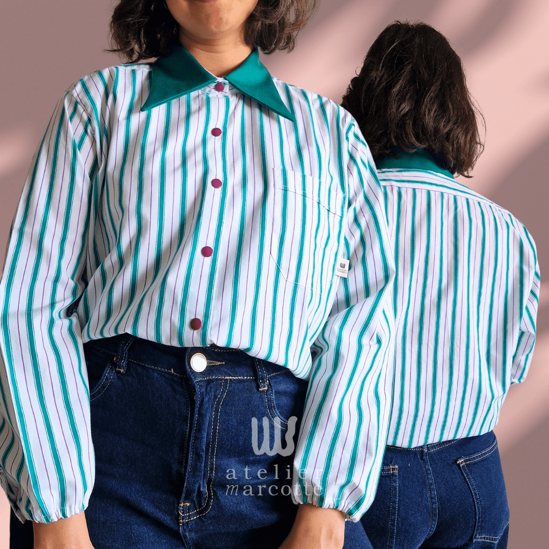 Chemise upcyclée Carmen - rayures vert violet et col jean vert vintage – Image 4
