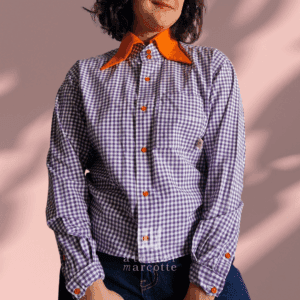 Chemise upcyclée Marlène - vichy violet et col orange vintage