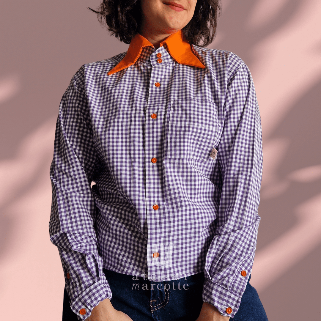 Chemise upcyclée Marlène - vichy violet et col orange vintage