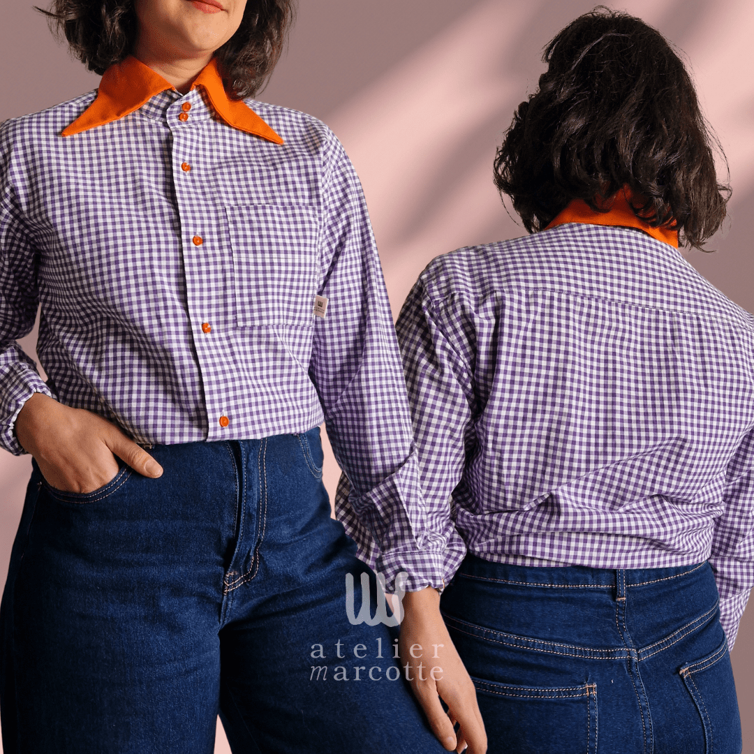 Chemise upcyclée Marlène - vichy violet et col orange vintage – Image 4