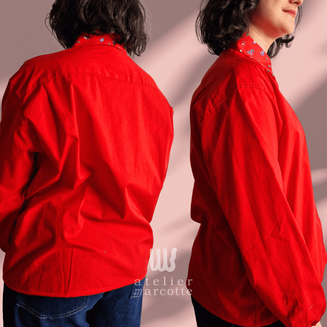 Chemise upcyclée Edwige - rouge et col rouge fleuri vintage – Image 3