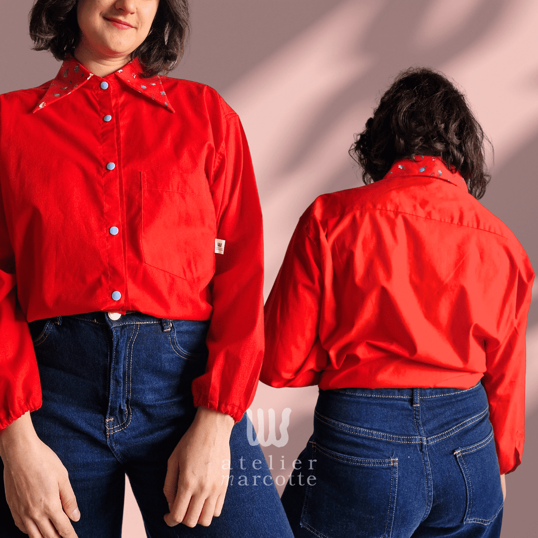 Chemise upcyclée Edwige - rouge et col rouge fleuri vintage – Image 4