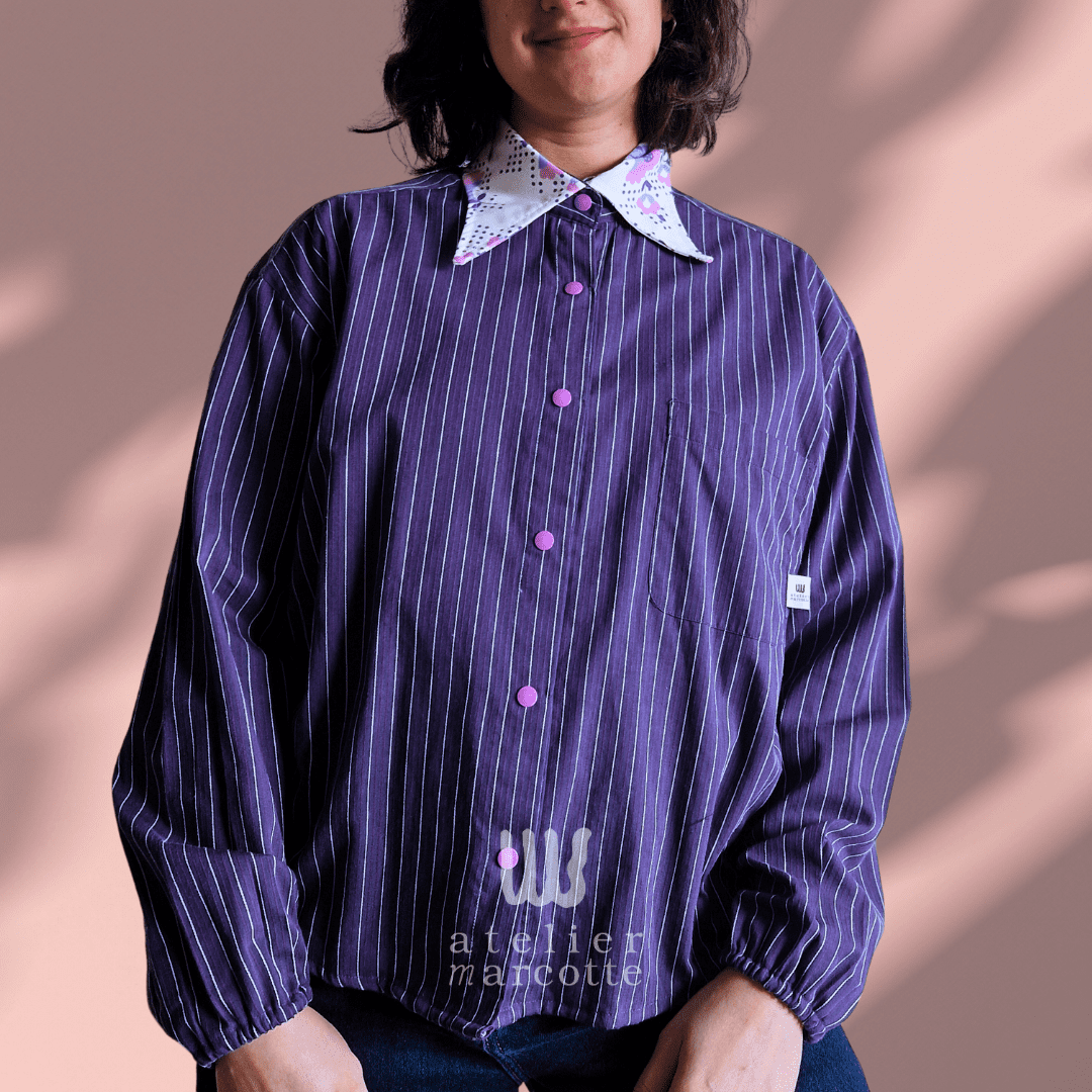 Chemise upcyclée Valérie - rayures violet et col fleuri vintage