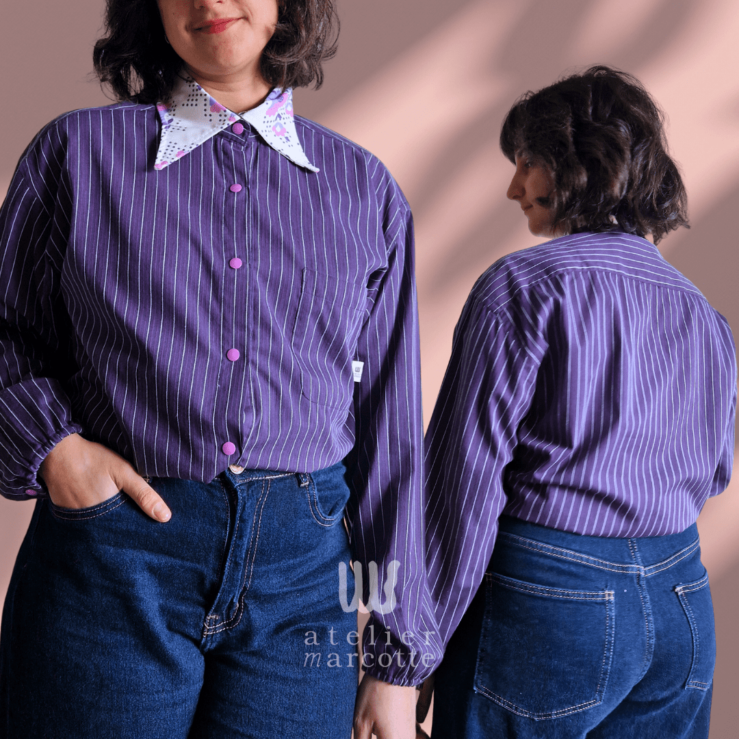 Chemise upcyclée Valérie - rayures violet et col fleuri vintage – Image 4
