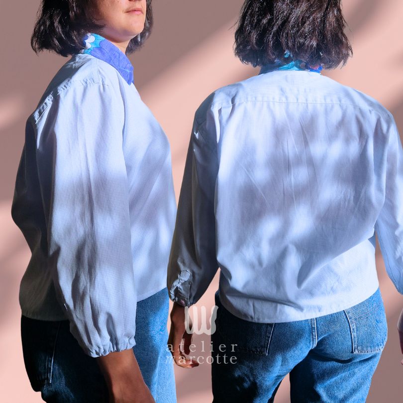 Chemise upcyclée Anna - coton carreaux bleu et col fleuri vintage – Image 4