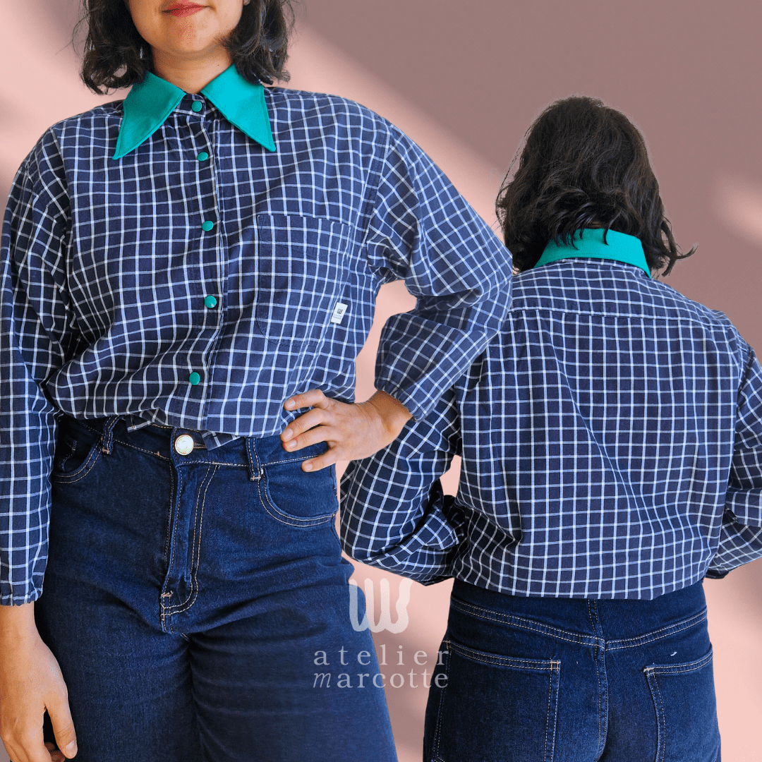 Chemise upcyclée Bernadette - carreaux bleu marine et col vintage vert – Image 3