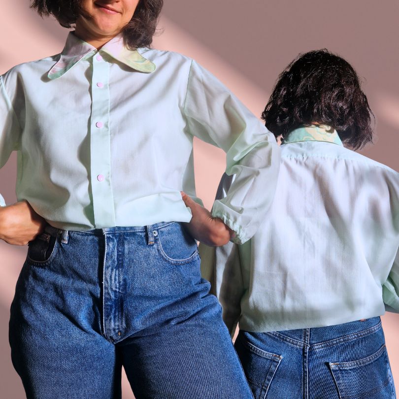 Chemise upcyclée Flore- vert pastel et col fleuri vert rose vintage – Image 3