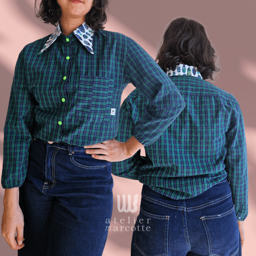 Chemise upcyclée Elisabeth - carreaux Ecossais bleu vert et col scarabées verts fluos – Image 3