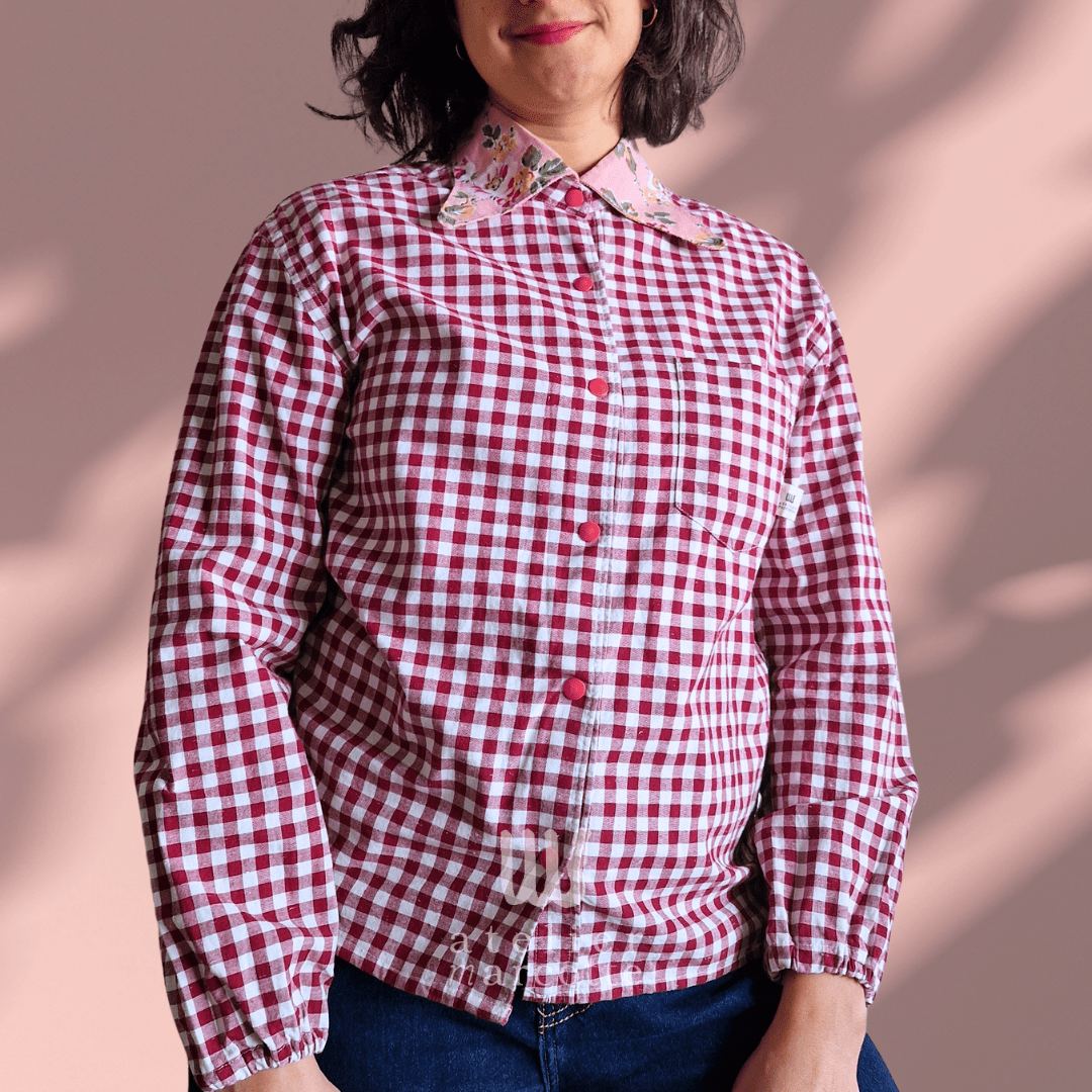 Chemise upcyclée Rosalia - vichy bordeaux et col fleuri rose vintage