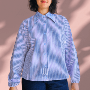 Chemise upcyclée Nora - rayure bleu vert et col vintage vert