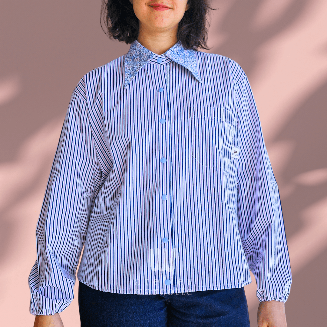 Chemise upcyclée Nora - rayure bleu vert et col vintage vert