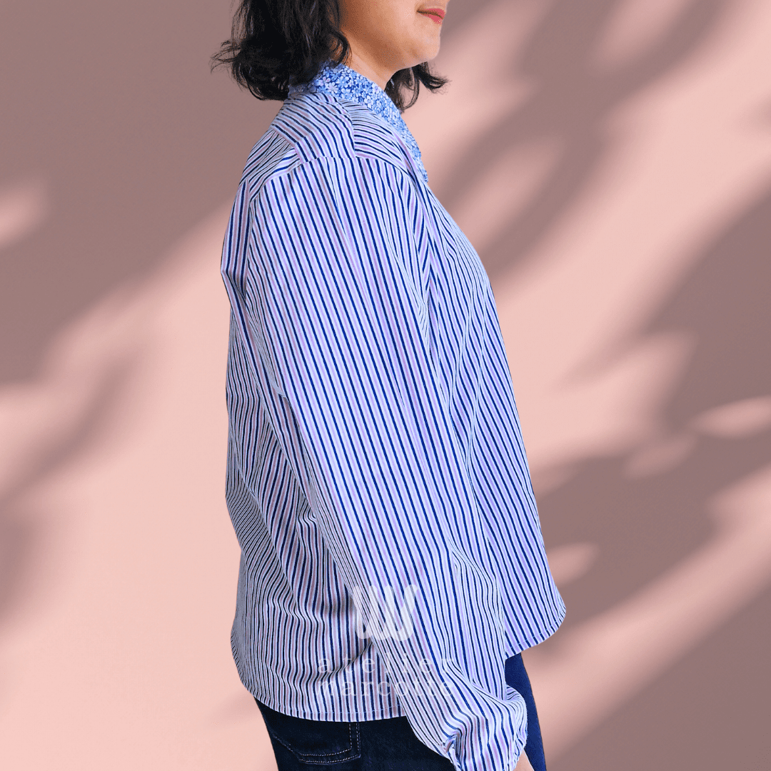 Chemise upcyclée Nora - rayure bleu vert et col vintage vert – Image 5