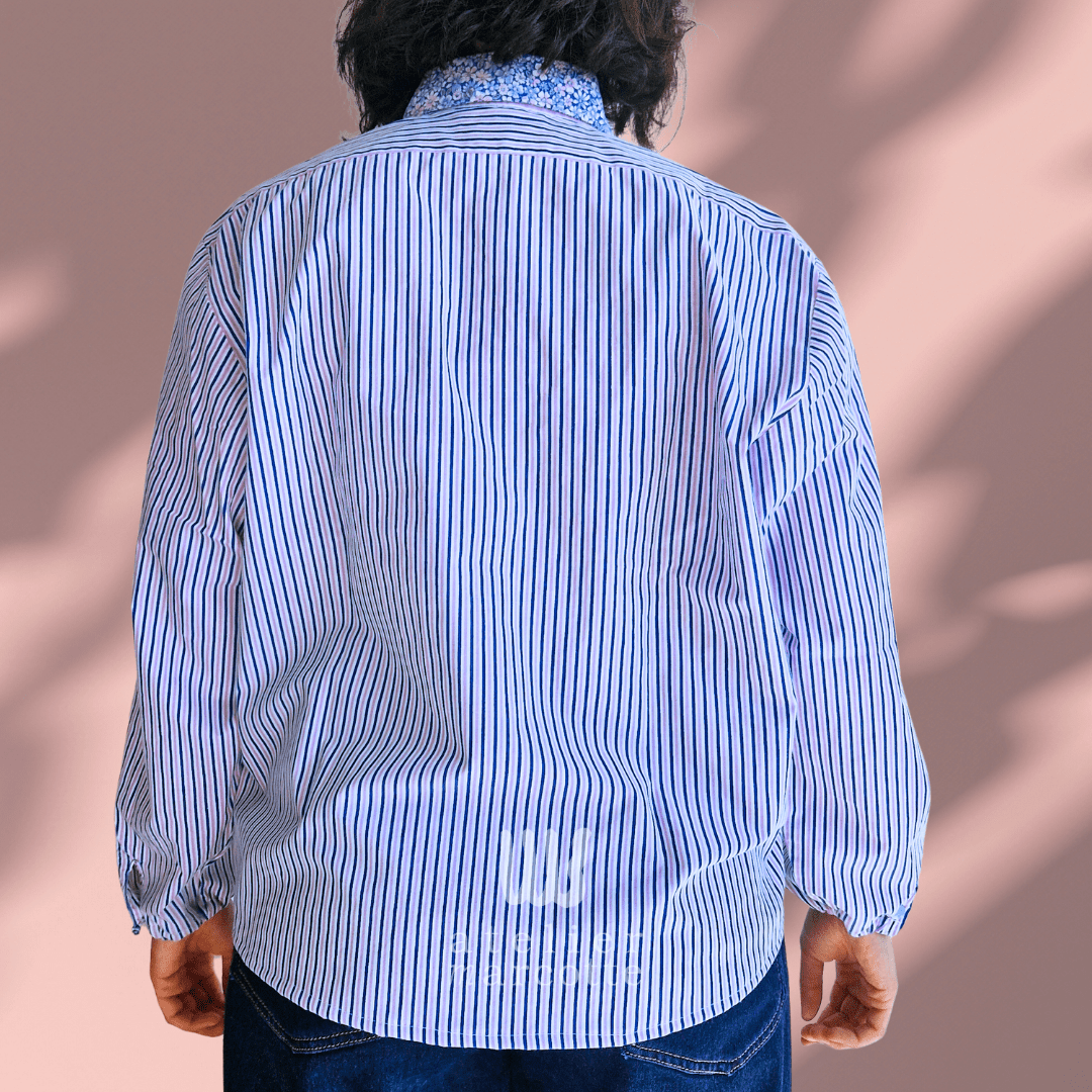 Chemise upcyclée Nora - rayure bleu vert et col vintage vert – Image 4