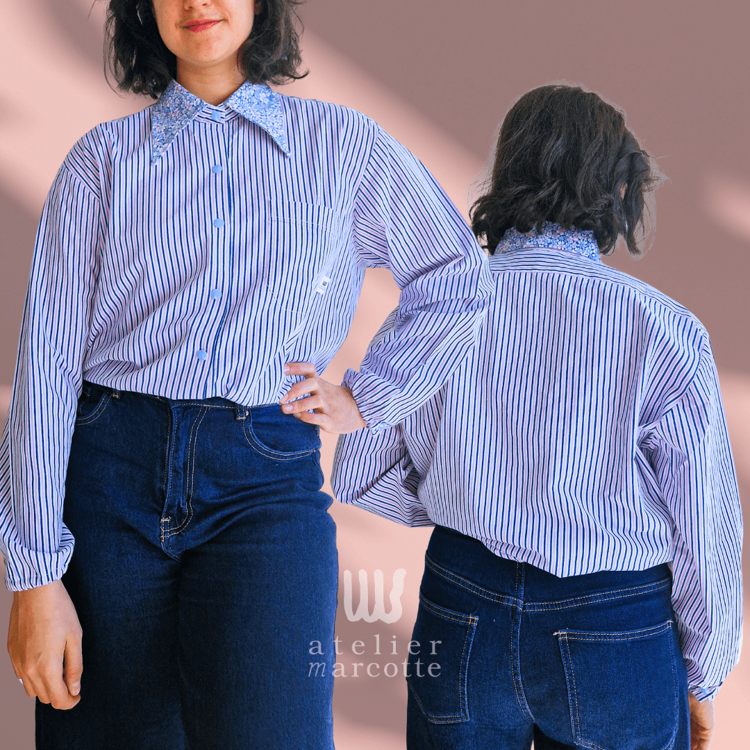 Chemise upcyclée Nora - rayure bleu vert et col vintage vert – Image 3