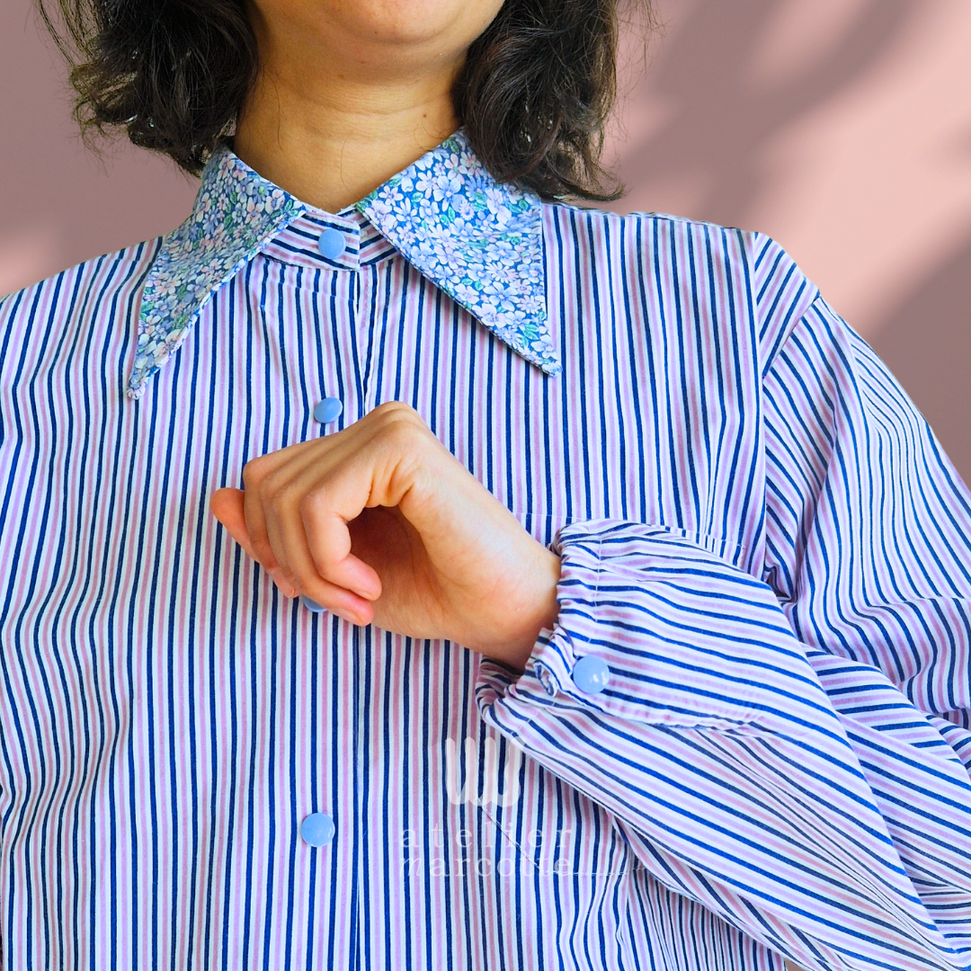 Chemise upcyclée Nora - rayure bleu vert et col vintage vert – Image 2