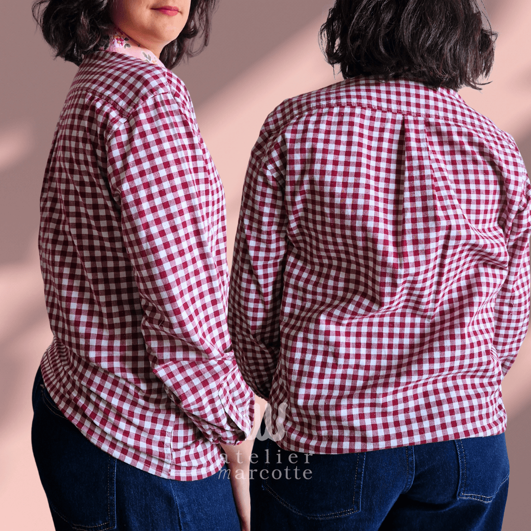 Chemise upcyclée Rosalia - vichy bordeaux et col fleuri rose vintage – Image 3