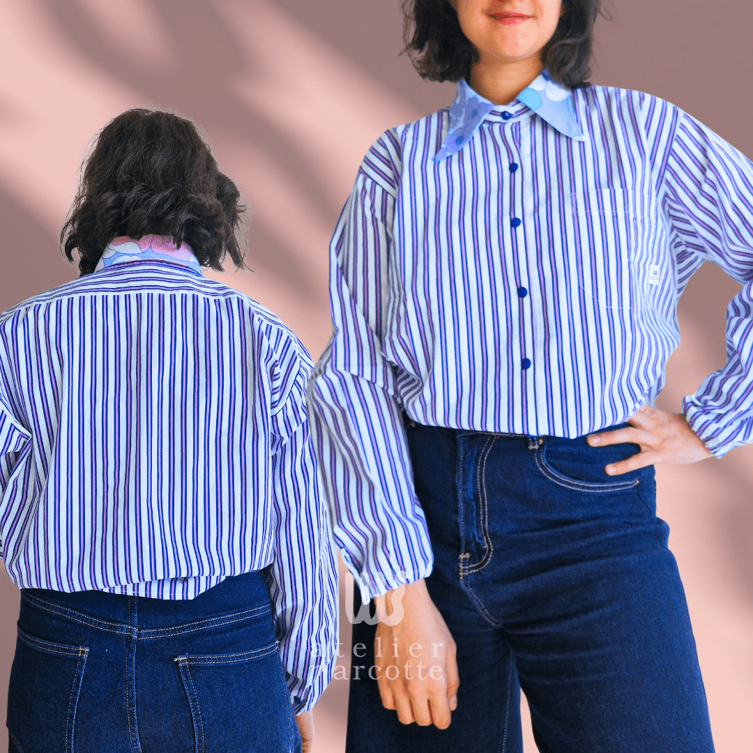 Chemise upcyclée Martha - rayures bleu violettes et col fleuri vintage – Image 3