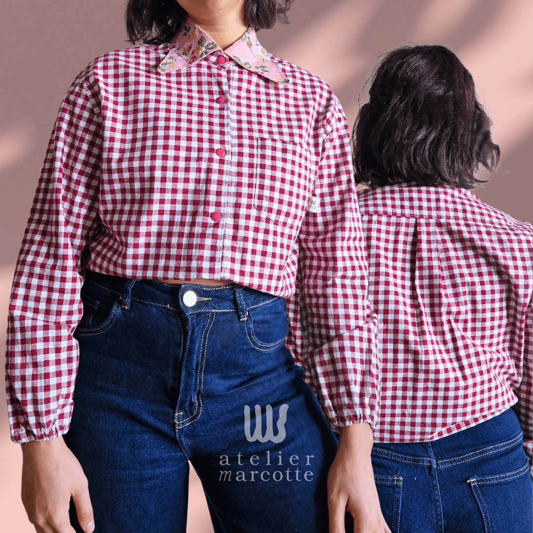 Chemise upcyclée Rosalia - vichy bordeaux et col fleuri rose vintage – Image 4