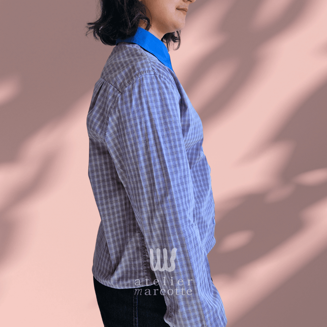 Chemise upcyclée Freddie - carreaux violets, col et poche bleu vintage – Image 5
