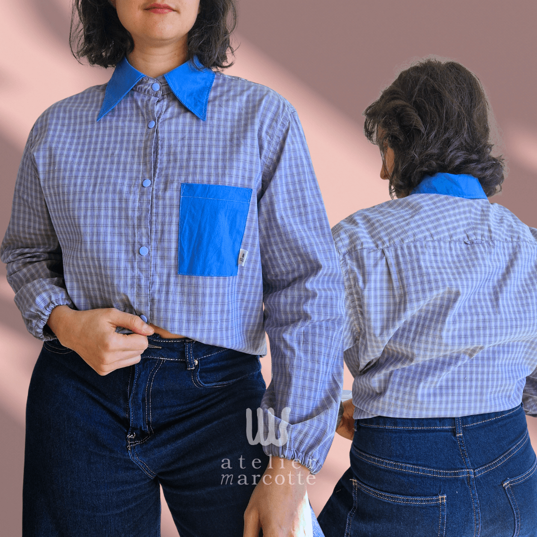 Chemise upcyclée Freddie - carreaux violets, col et poche bleu vintage – Image 3