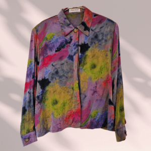 Chemisier vintage soie dégradé violet vert bleu rose