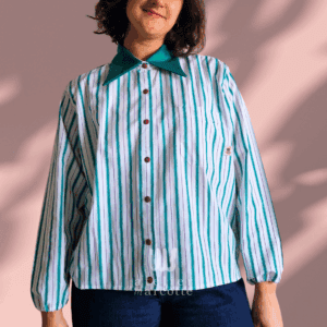 Chemise upcyclée Carmen - rayures vert violet et col jean vert vintage