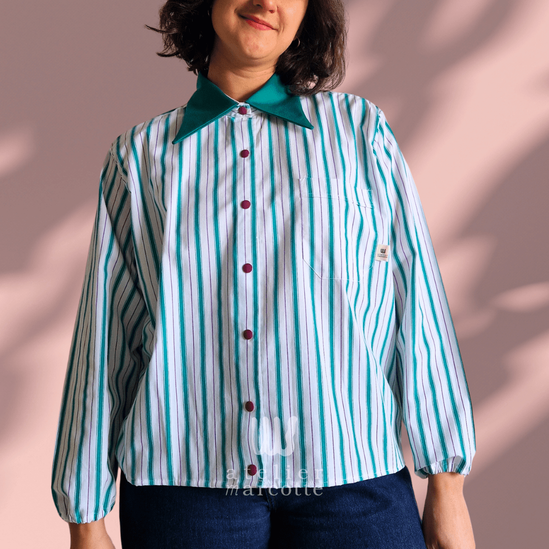 Chemise upcyclée Carmen - rayures vert violet et col jean vert vintage